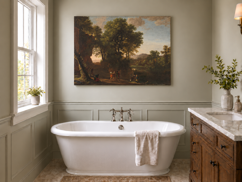 Hand-painted Classical Woodland Scene with Figures landscape oil painting displayed as wall art in a styled interior