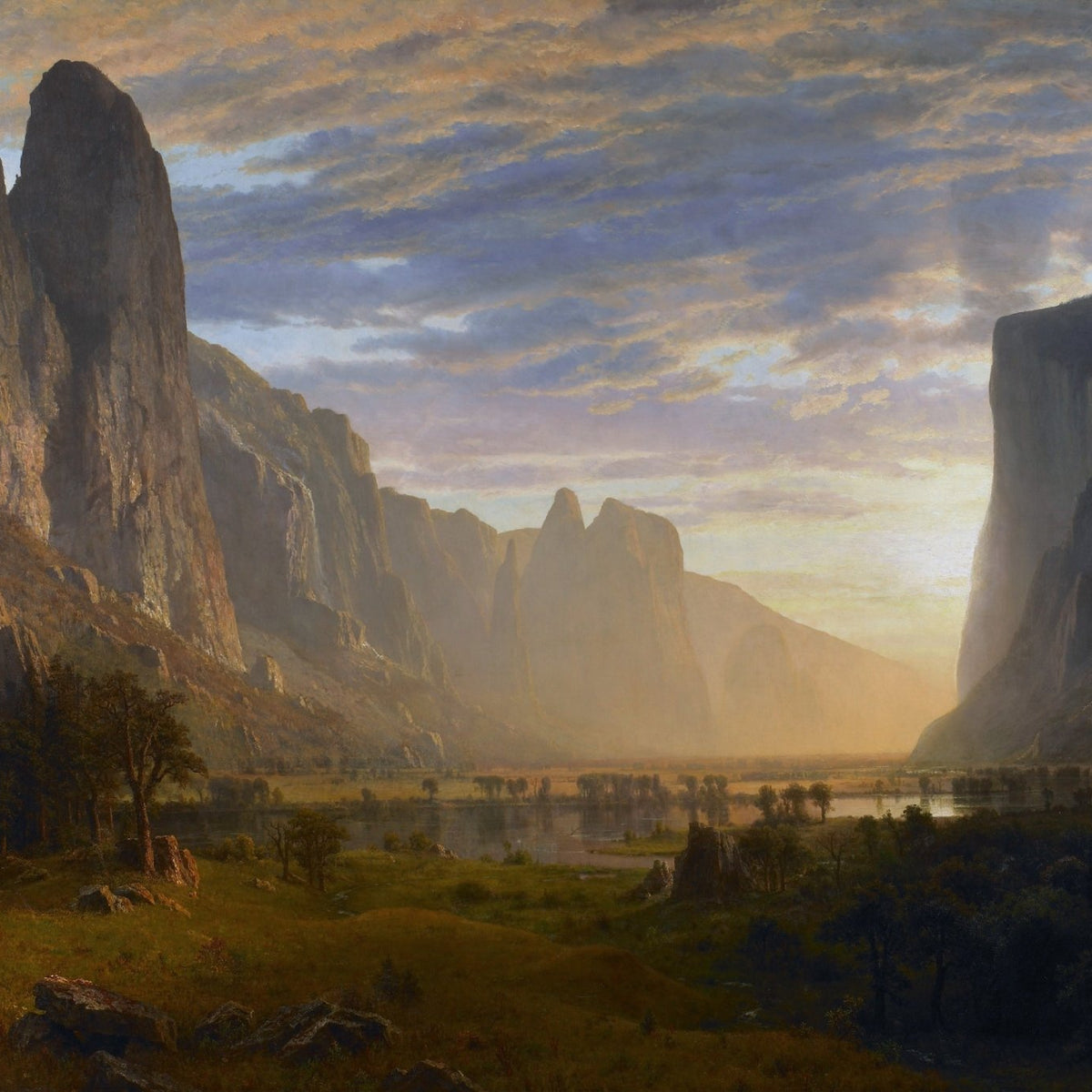 Landschaftsgemälde in Öl – Klippen und Fluss im goldenen Licht