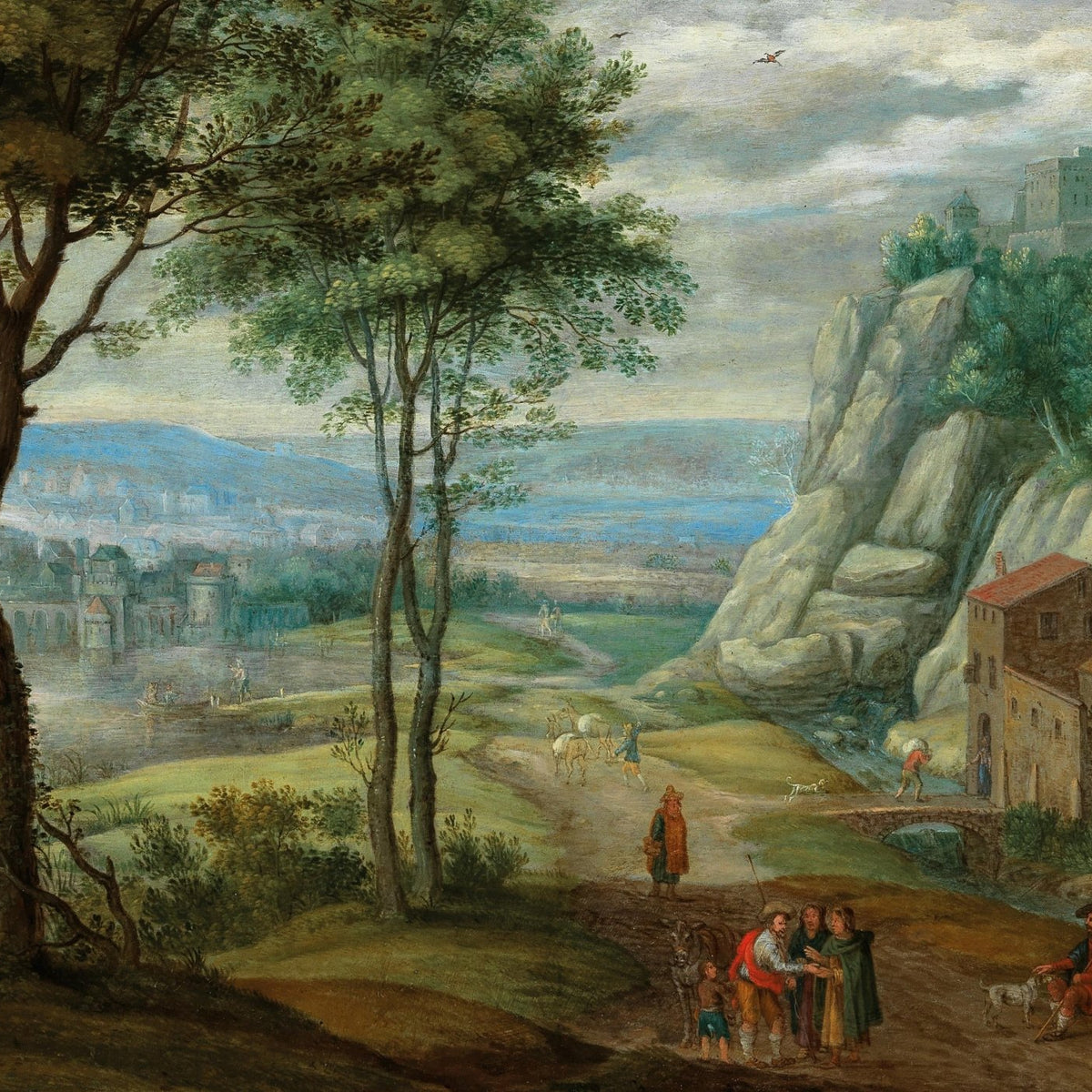 Hand-painted cliffside castle and valley village landscape oil painting on canvas