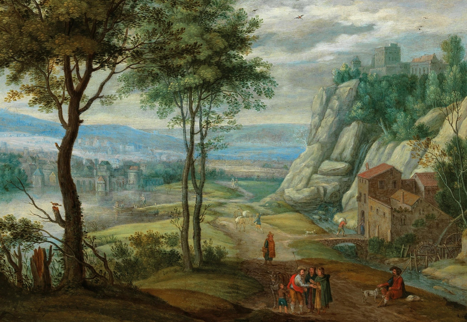 Hand-painted cliffside castle and valley village landscape oil painting on canvas