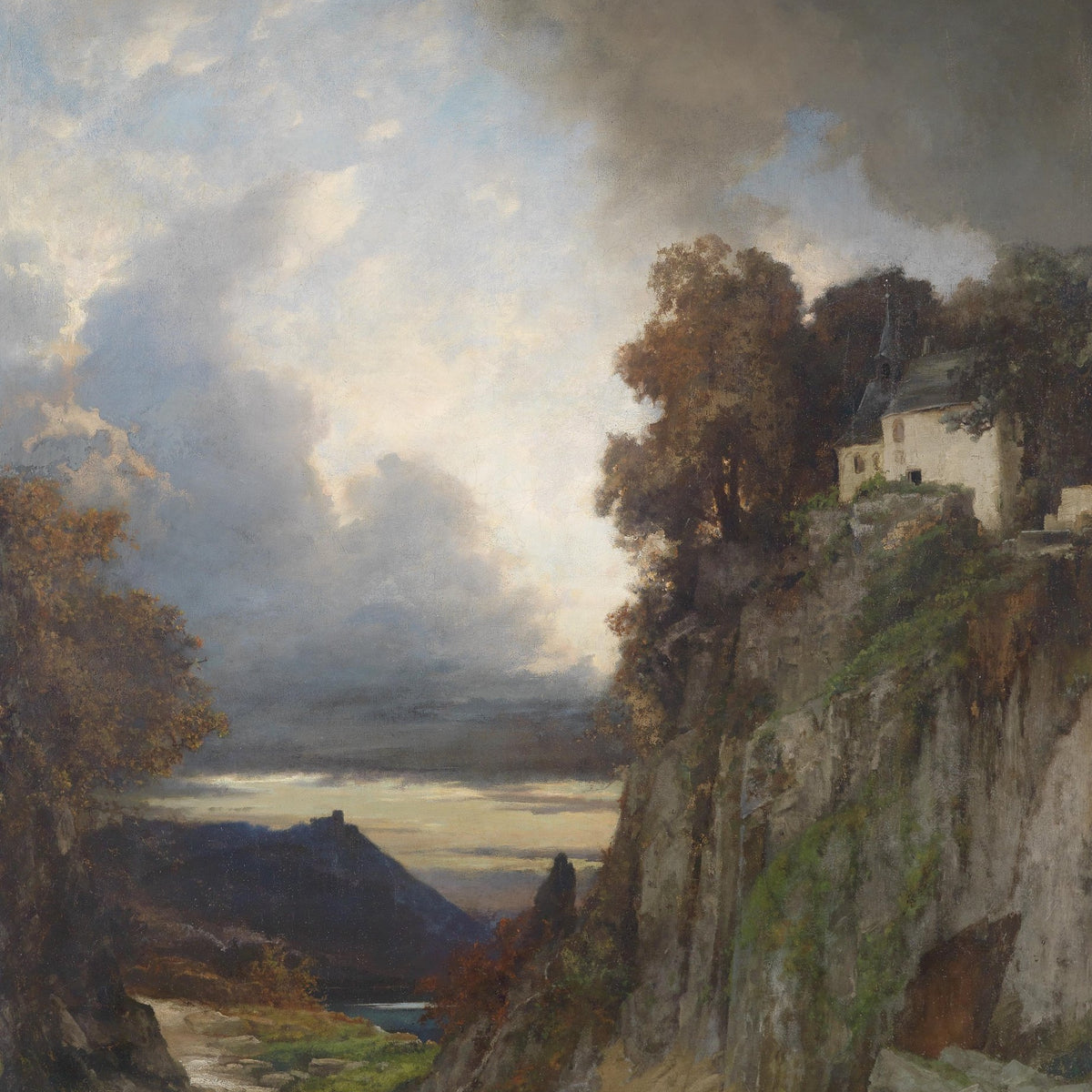 Landscape Oil Painting - Cliffside Chapel: Stormy Sky, Lake & Mountains - Oil Painting Haven