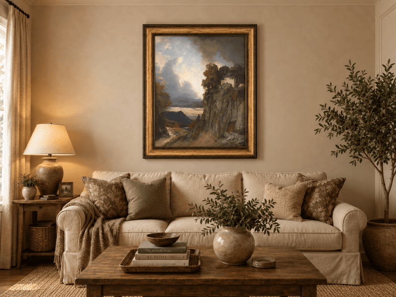 Landscape Oil Painting - Cliffside Chapel: Stormy Sky, Lake
