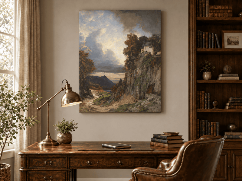 Landscape Oil Painting - Cliffside Chapel: Stormy Sky, Lake