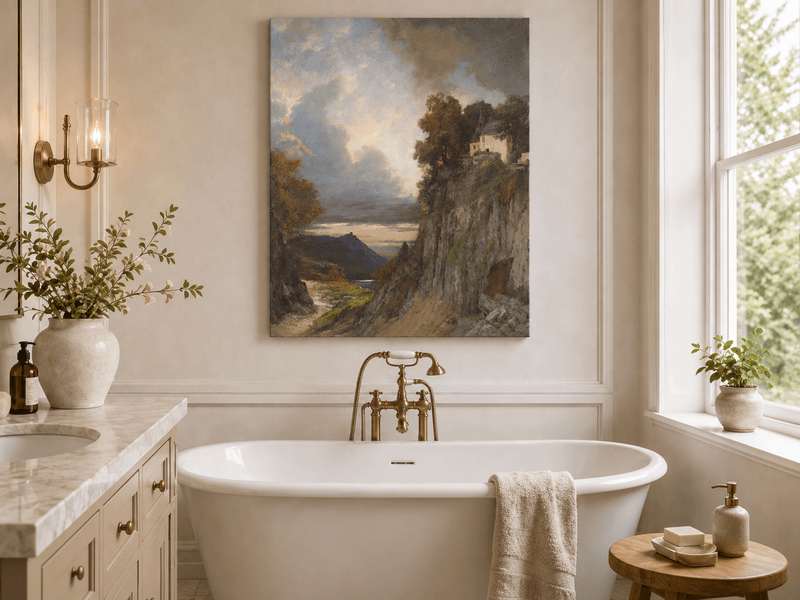 Landscape Oil Painting - Cliffside Chapel: Stormy Sky, Lake