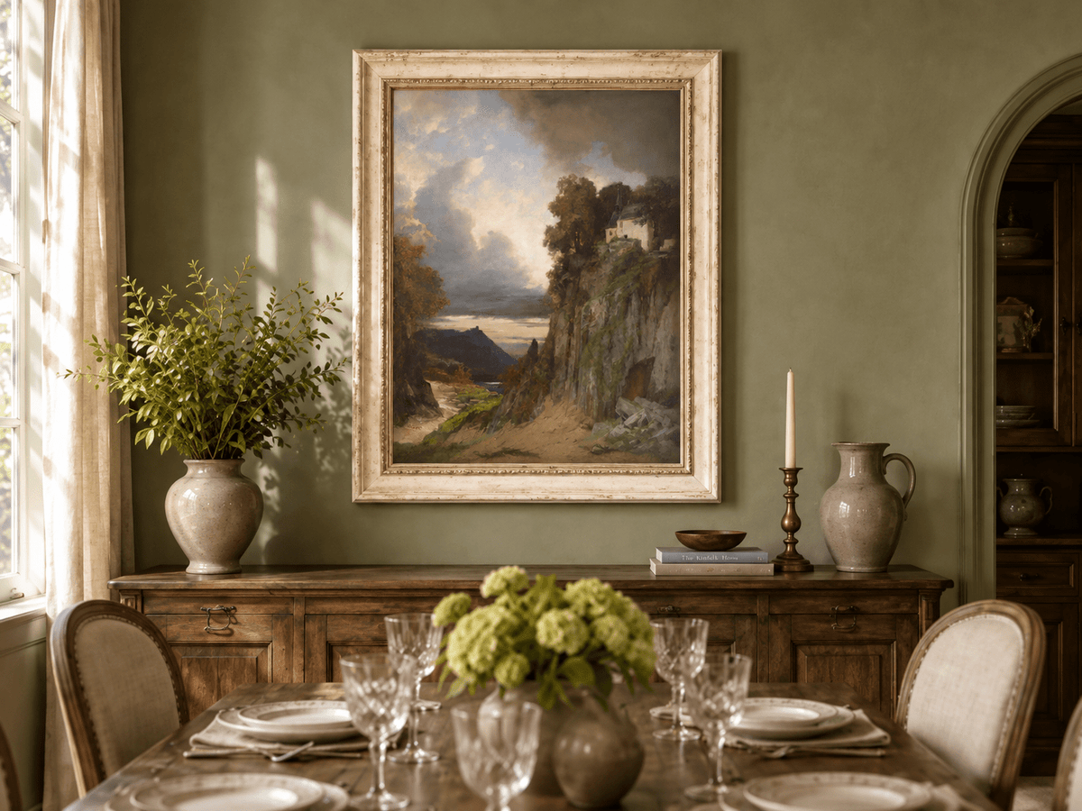 Landscape Oil Painting - Cliffside Chapel: Stormy Sky, Lake
