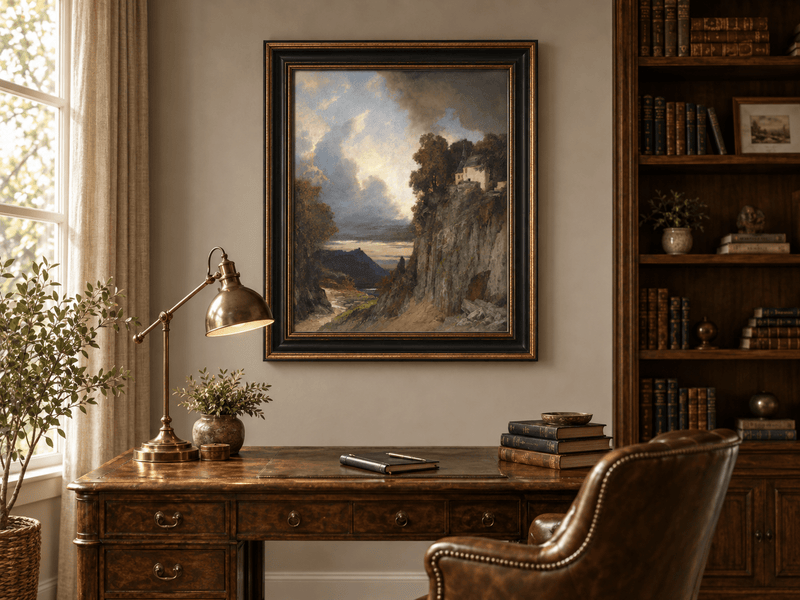Landscape Oil Painting - Cliffside Chapel: Stormy Sky, Lake