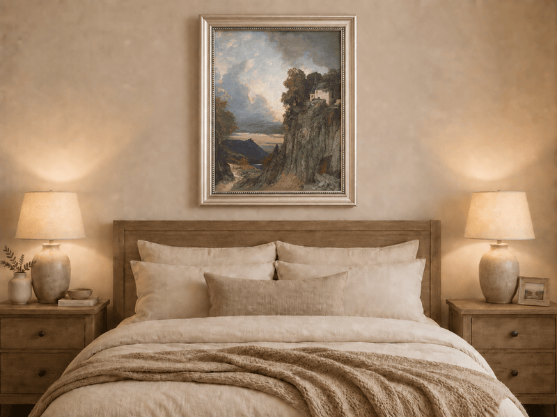 Landscape Oil Painting - Cliffside Chapel: Stormy Sky, Lake