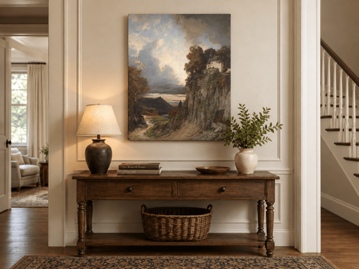 Landscape Oil Painting - Cliffside Chapel: Stormy Sky, Lake