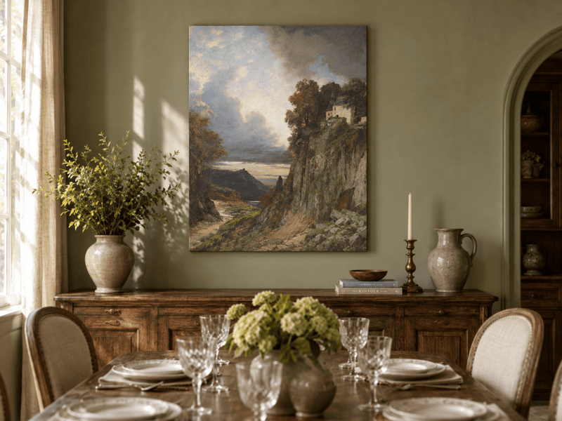 Landscape Oil Painting - Cliffside Chapel: Stormy Sky, Lake