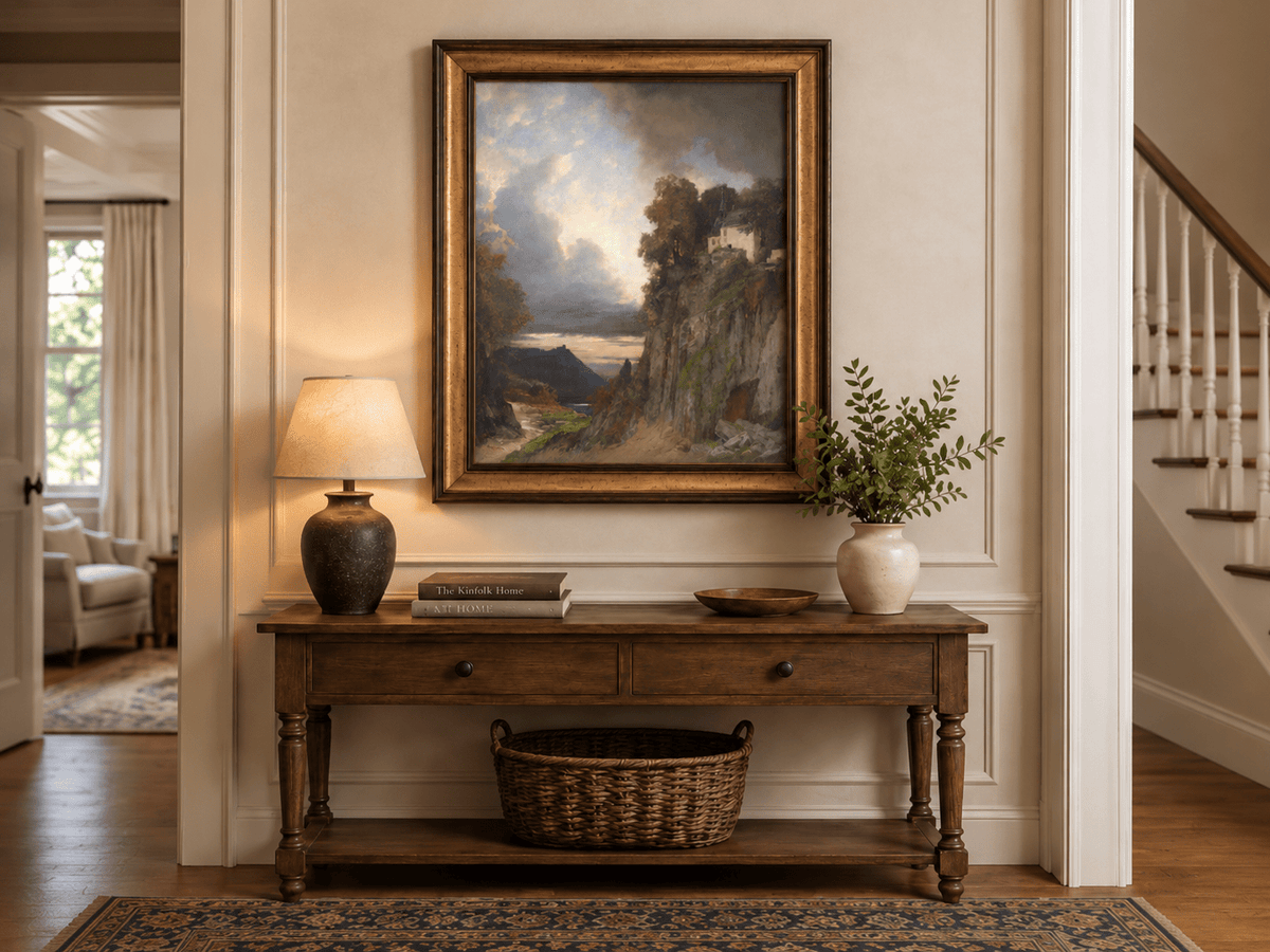 Landscape Oil Painting - Cliffside Chapel: Stormy Sky, Lake