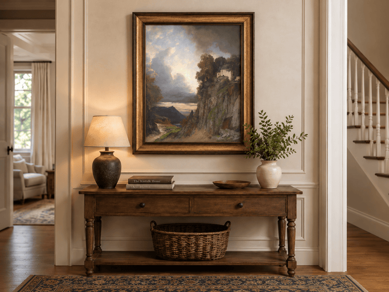 Landscape Oil Painting - Cliffside Chapel: Stormy Sky, Lake