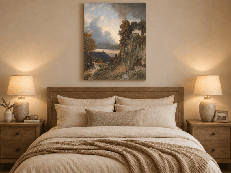 Landscape Oil Painting - Cliffside Chapel: Stormy Sky, Lake