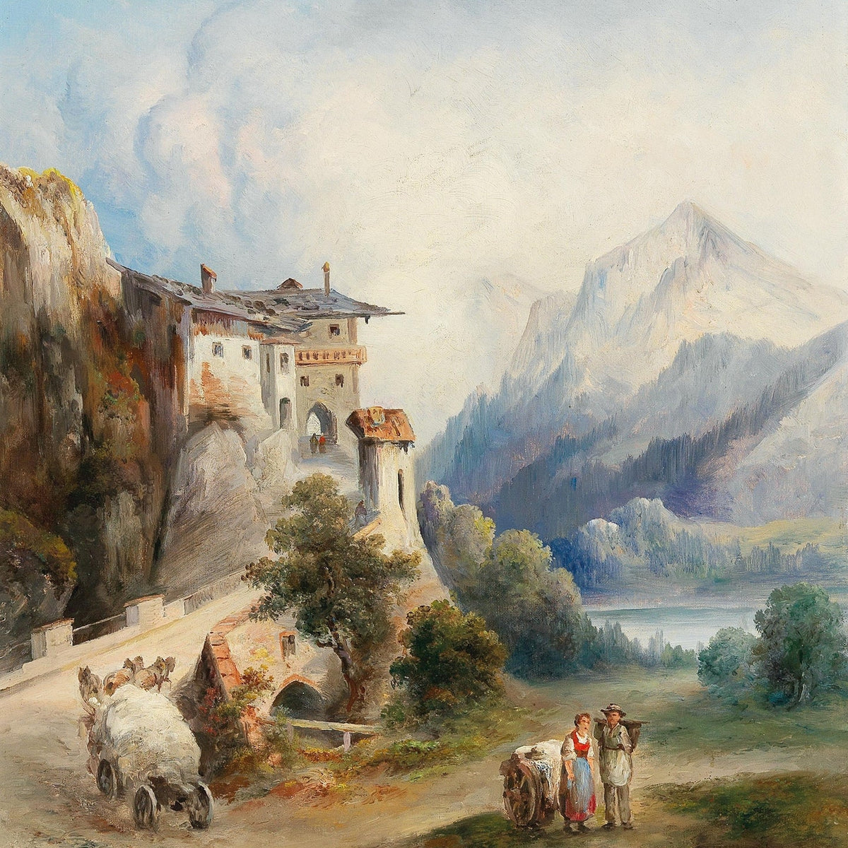 Landscape Oil Painting - Cliffside Historic Building, Mountain Lake - Oil Painting Haven