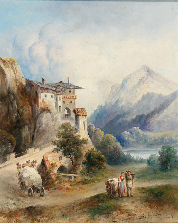 Landscape Oil Painting - Cliffside Historic Building, Mountain Lake - Oil Painting Haven