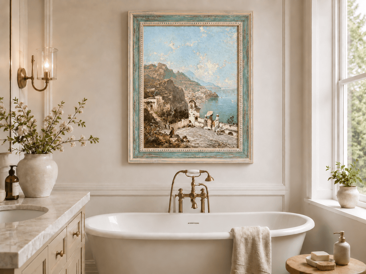 Landscape Oil Painting - Cliffside Terrace and Coastal Bay
