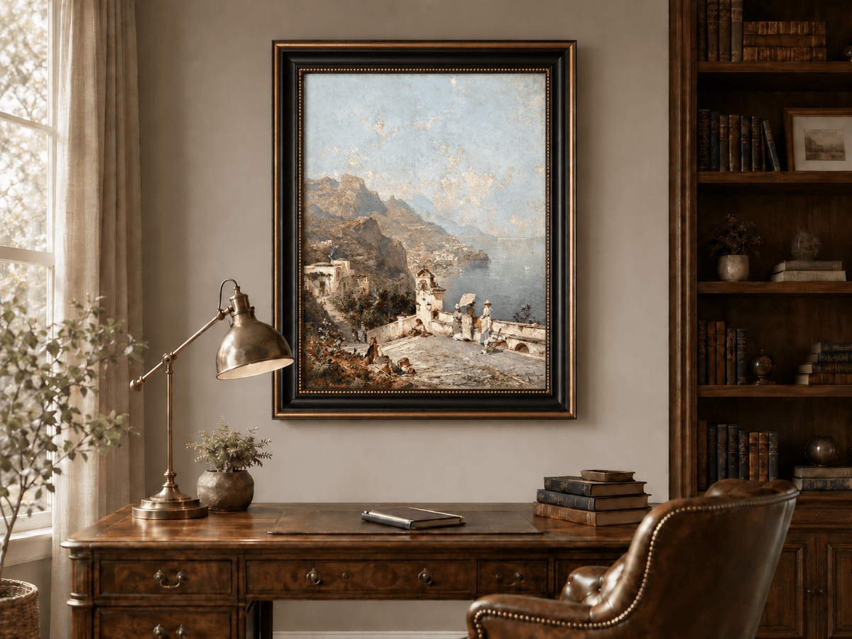 Landscape Oil Painting - Cliffside Terrace and Coastal Bay
