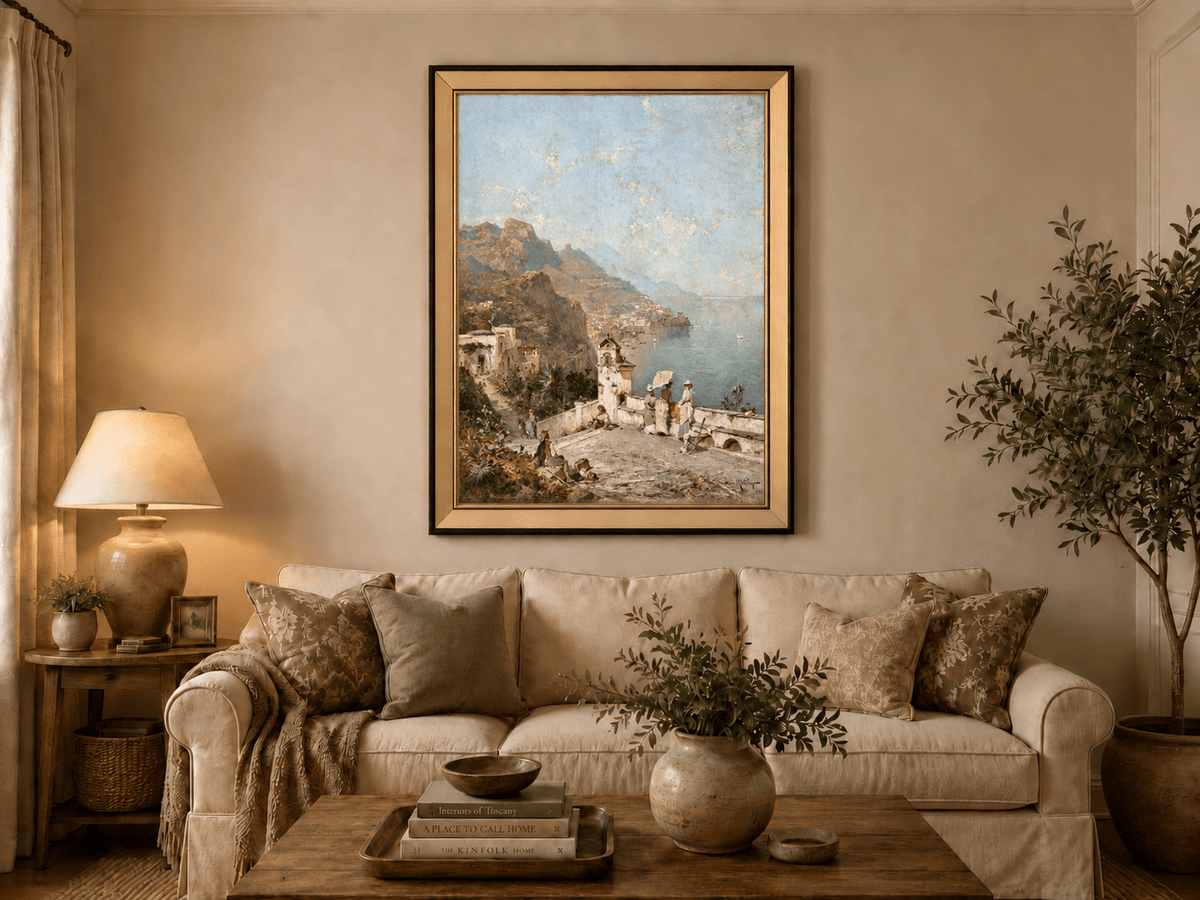 Landscape Oil Painting - Cliffside Terrace and Coastal Bay