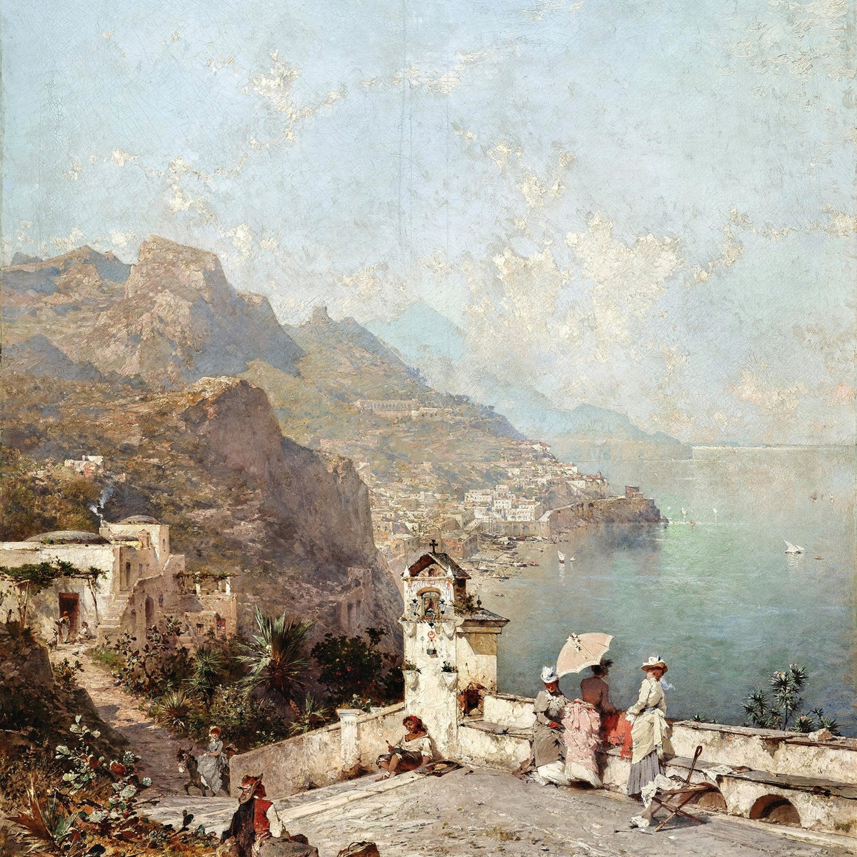 Hand-painted cliffside terrace and coastal bay landscape oil painting on canvas
