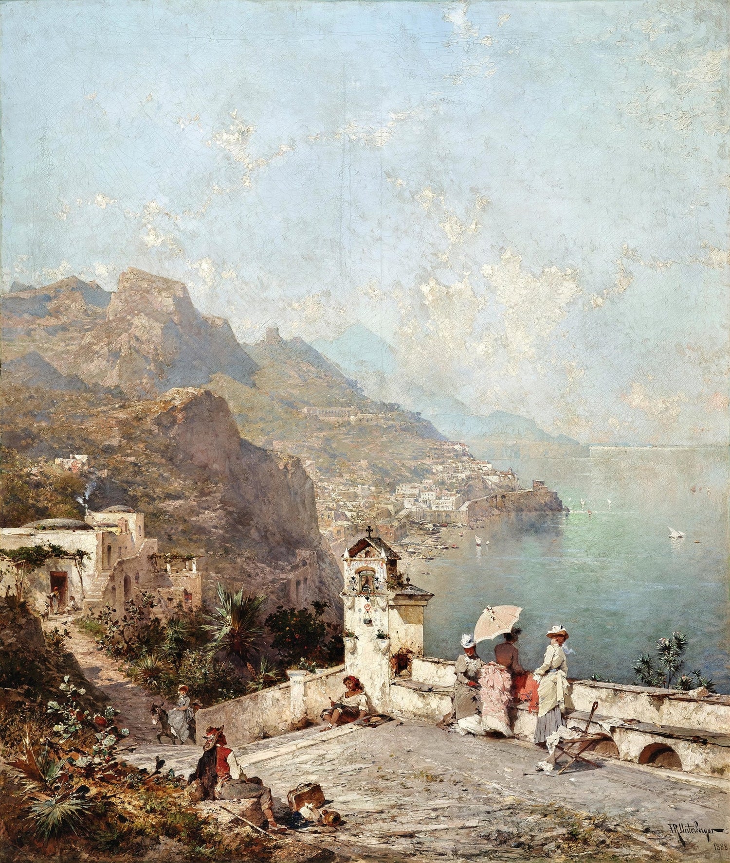 Landscape Oil Painting - Cliffside Terrace and Coastal Bay - Oil Painting Haven