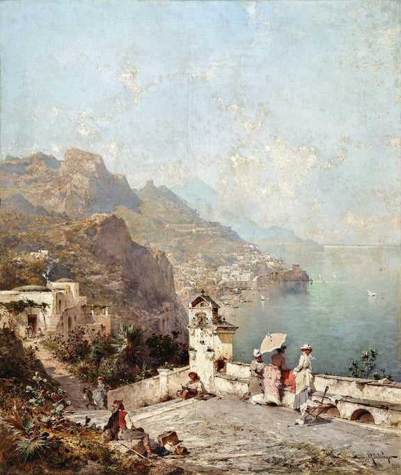 Hand-painted cliffside terrace and coastal bay landscape oil painting on canvas
