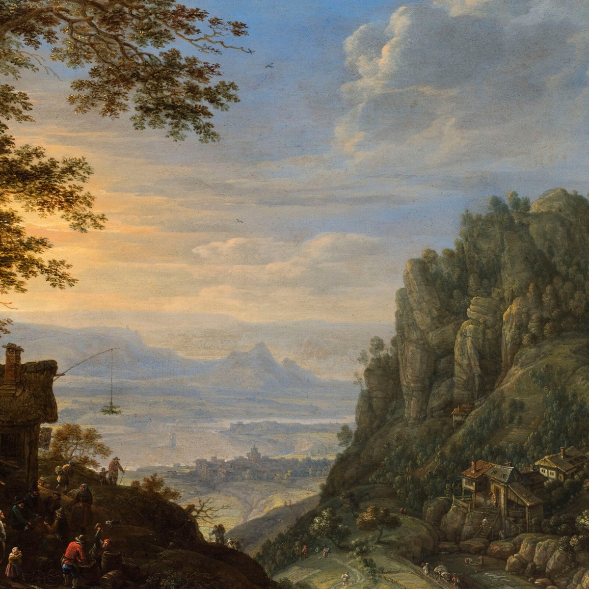 Hand-painted cliffside valley with village landscape oil painting on canvas
