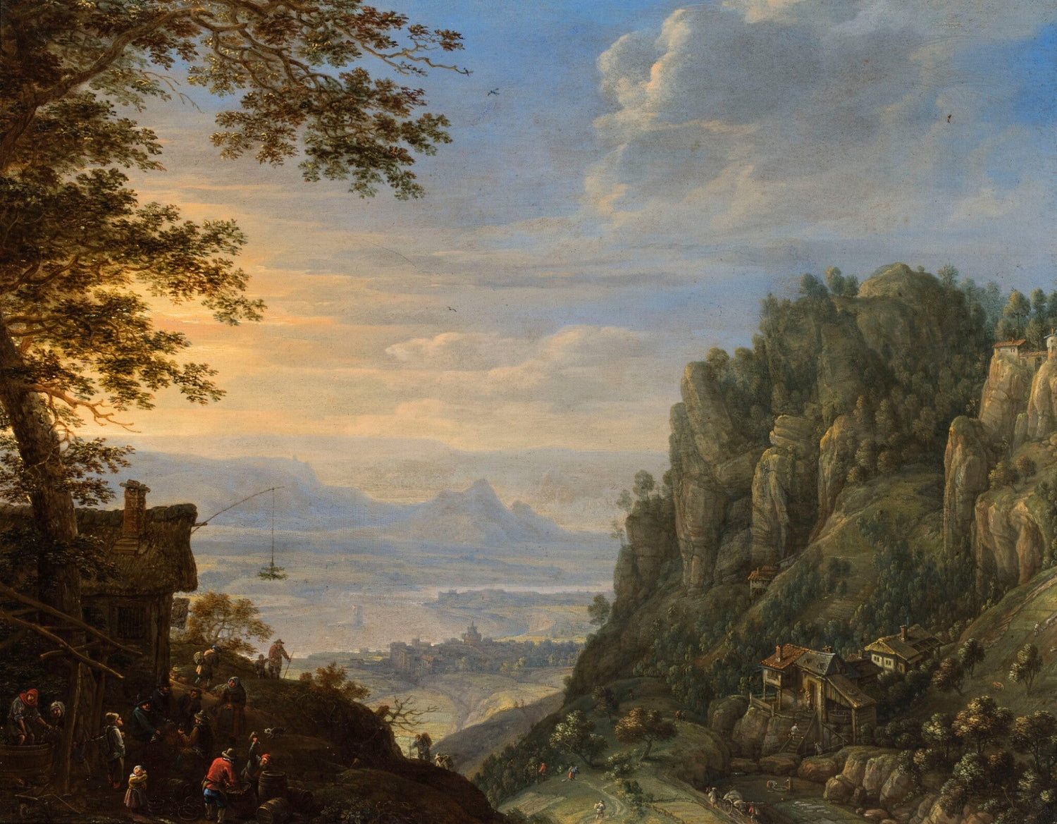 Hand-painted cliffside valley with village landscape oil painting on canvas
