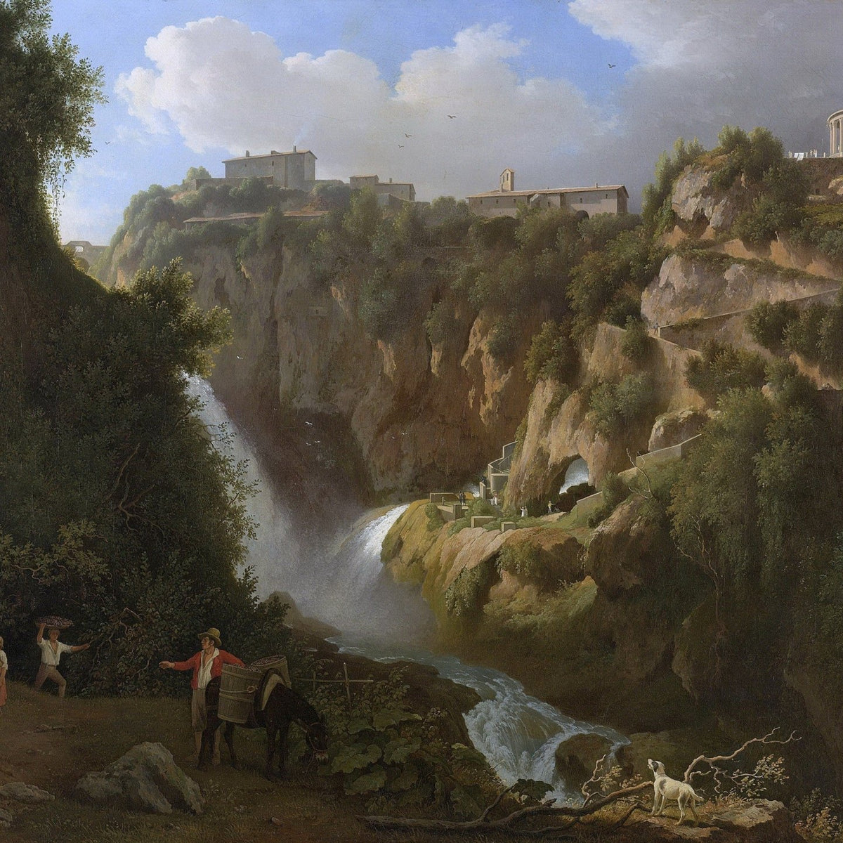 Landscape Oil Painting - Cliffside waterfall hilltop town, ancient temple - Oil Painting Haven