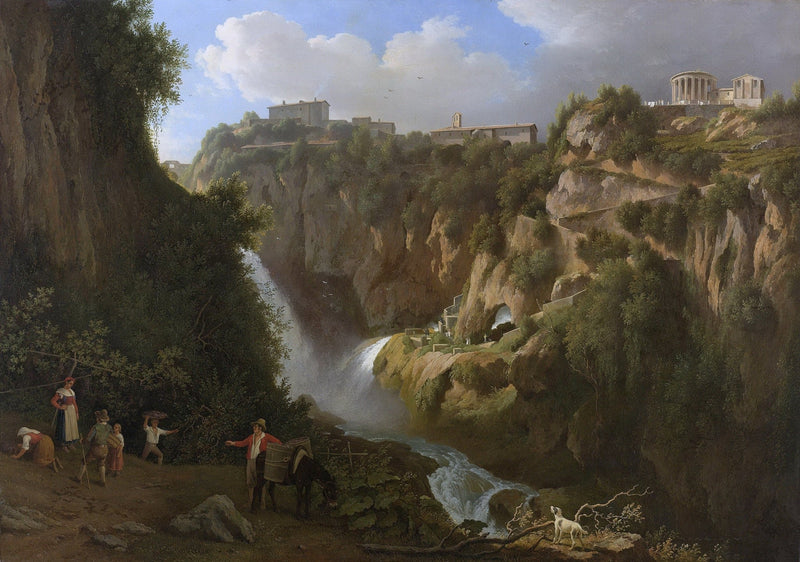 Landscape Oil Painting - Cliffside waterfall hilltop town, ancient temple - Oil Painting Haven