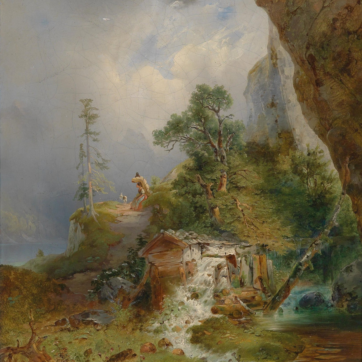 Landscape Oil Painting - Cliffside Watermill and Mountain Lake - Oil Painting Haven
