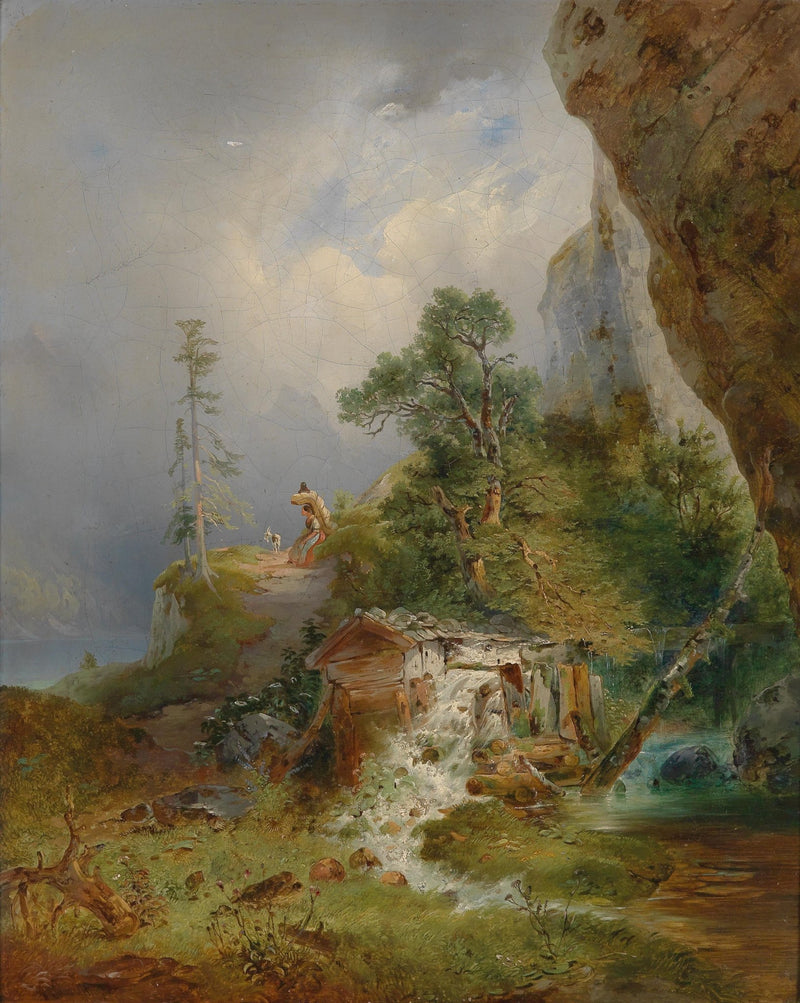 Landscape Oil Painting - Cliffside Watermill and Mountain Lake - Oil Painting Haven