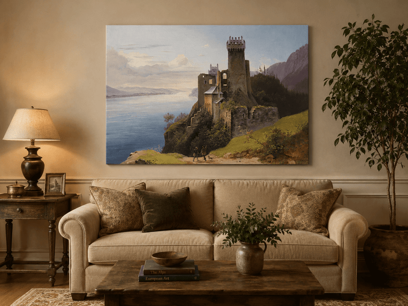 Landscape Oil Painting - Clifftop Castle by the Lake