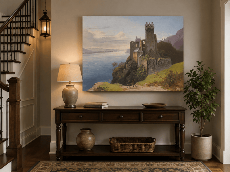 Landscape Oil Painting - Clifftop Castle by the Lake