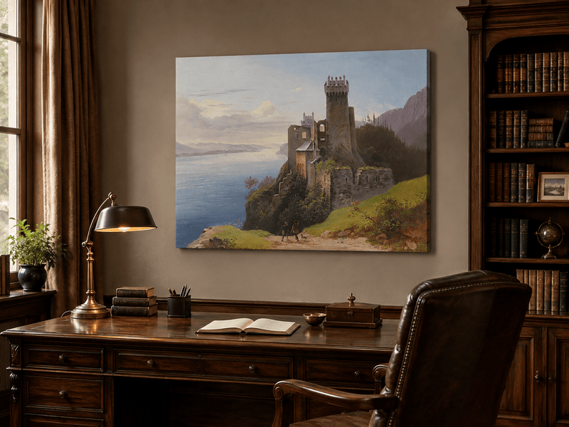 Landscape Oil Painting - Clifftop Castle by the Lake