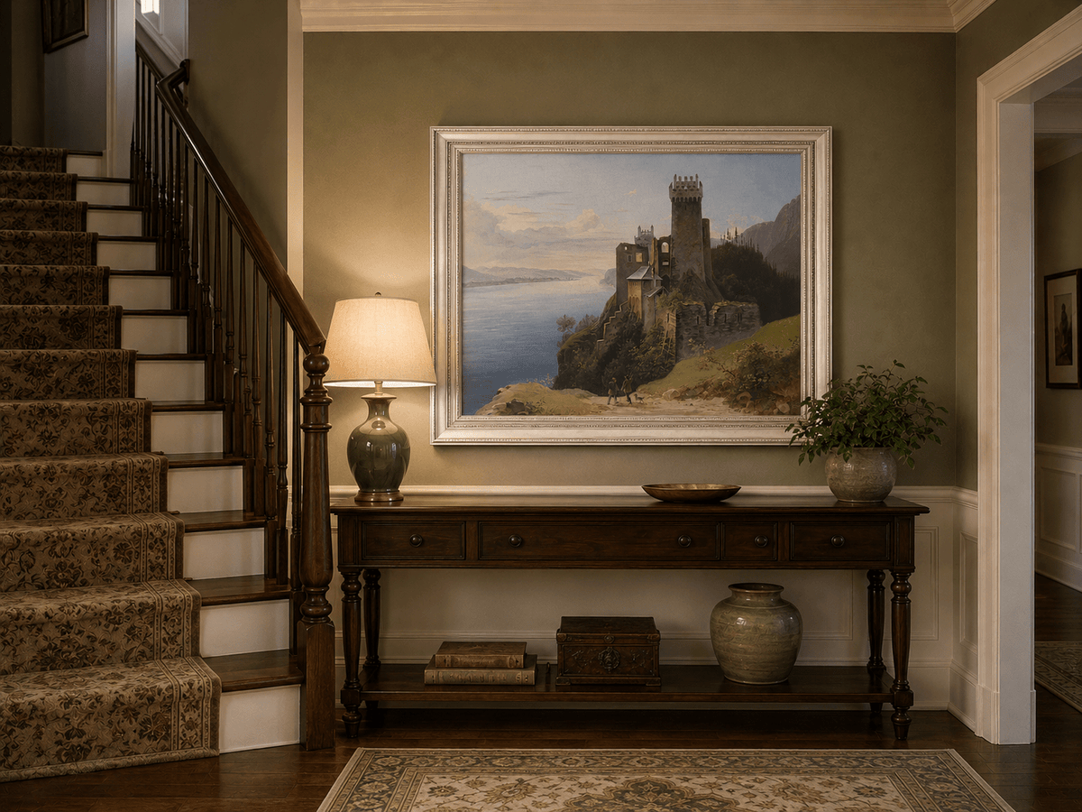 Landscape Oil Painting - Clifftop Castle by the Lake