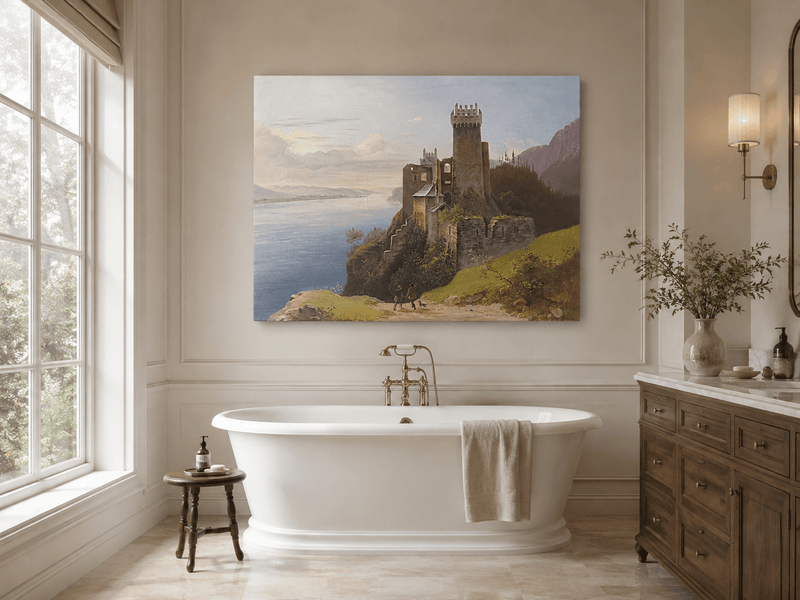 Landscape Oil Painting - Clifftop Castle by the Lake