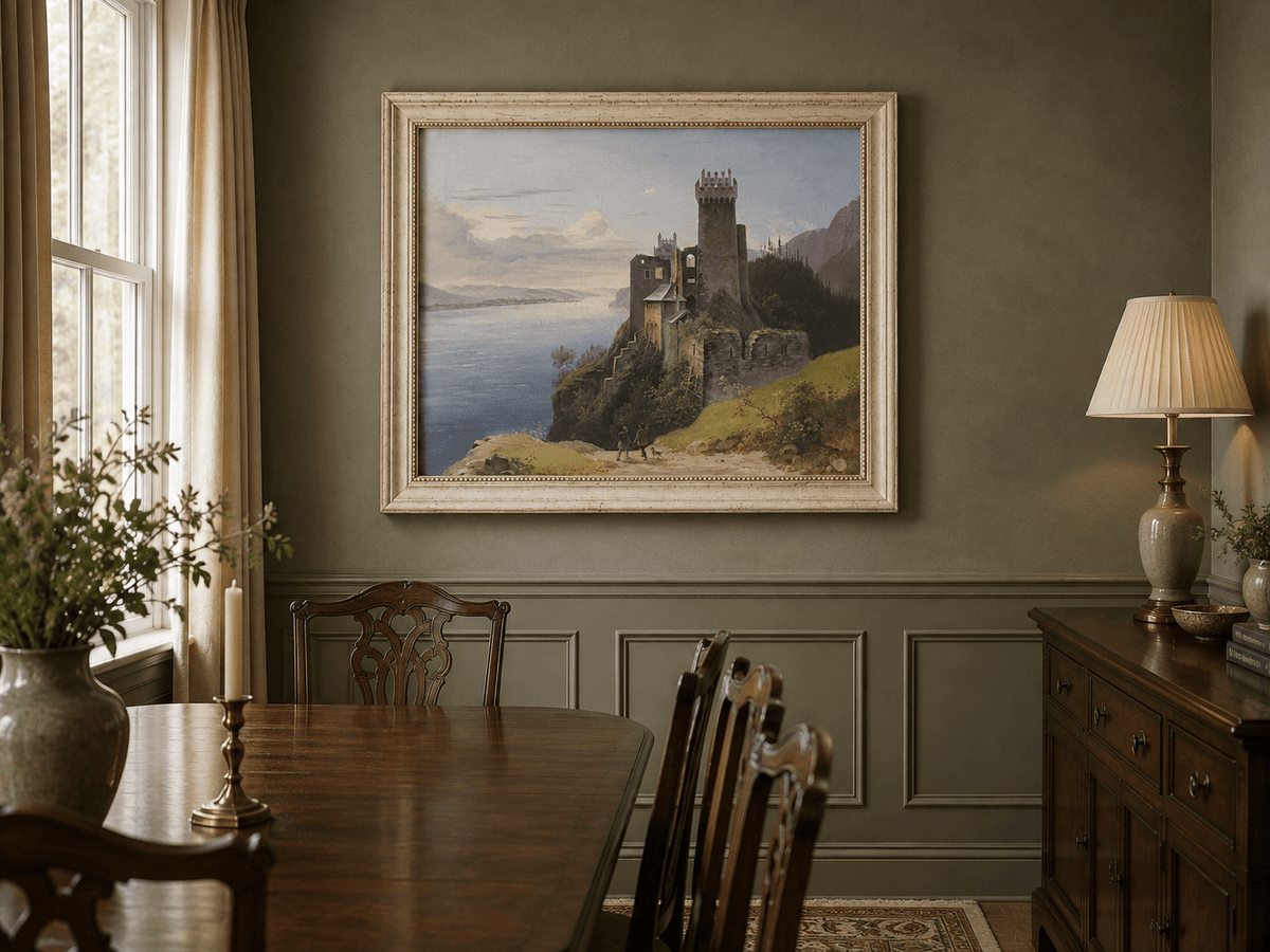 Landscape Oil Painting - Clifftop Castle by the Lake