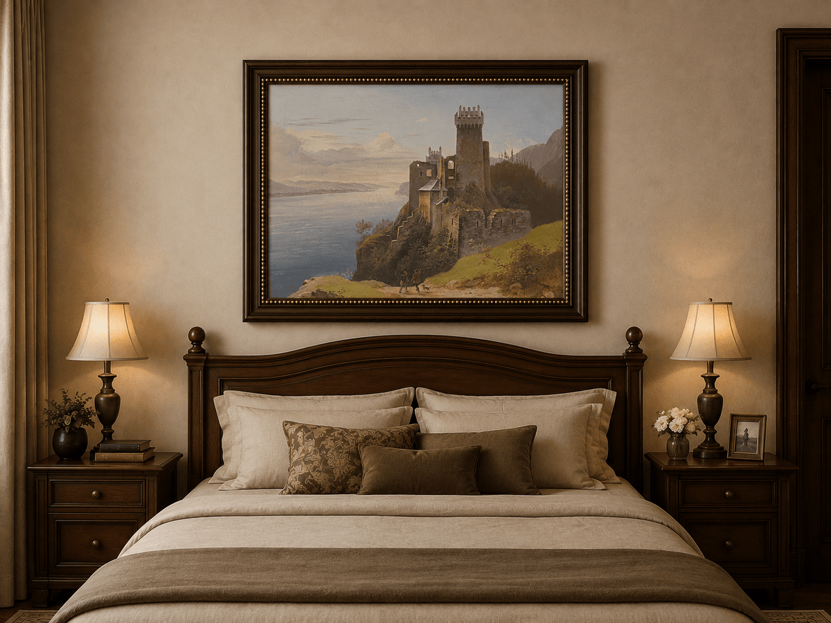 Landscape Oil Painting - Clifftop Castle by the Lake