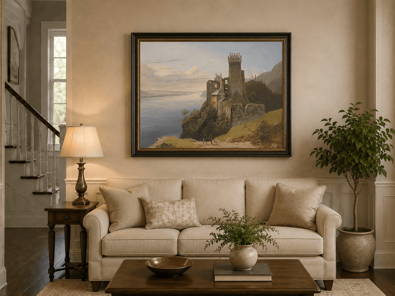 Landscape Oil Painting - Clifftop Castle by the Lake