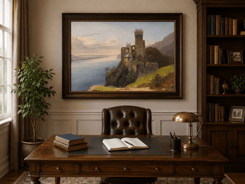 Landscape Oil Painting - Clifftop Castle by the Lake