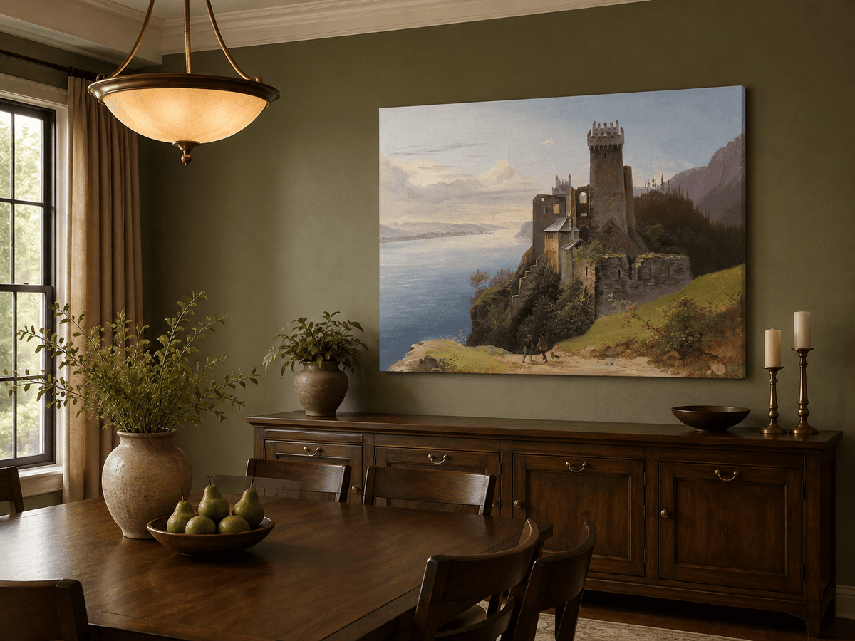Landscape Oil Painting - Clifftop Castle by the Lake