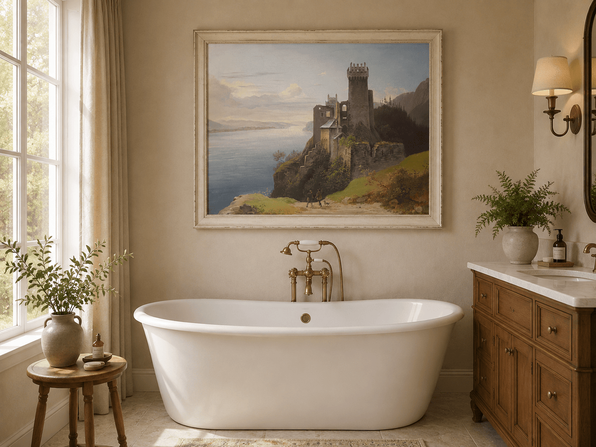 Landscape Oil Painting - Clifftop Castle by the Lake