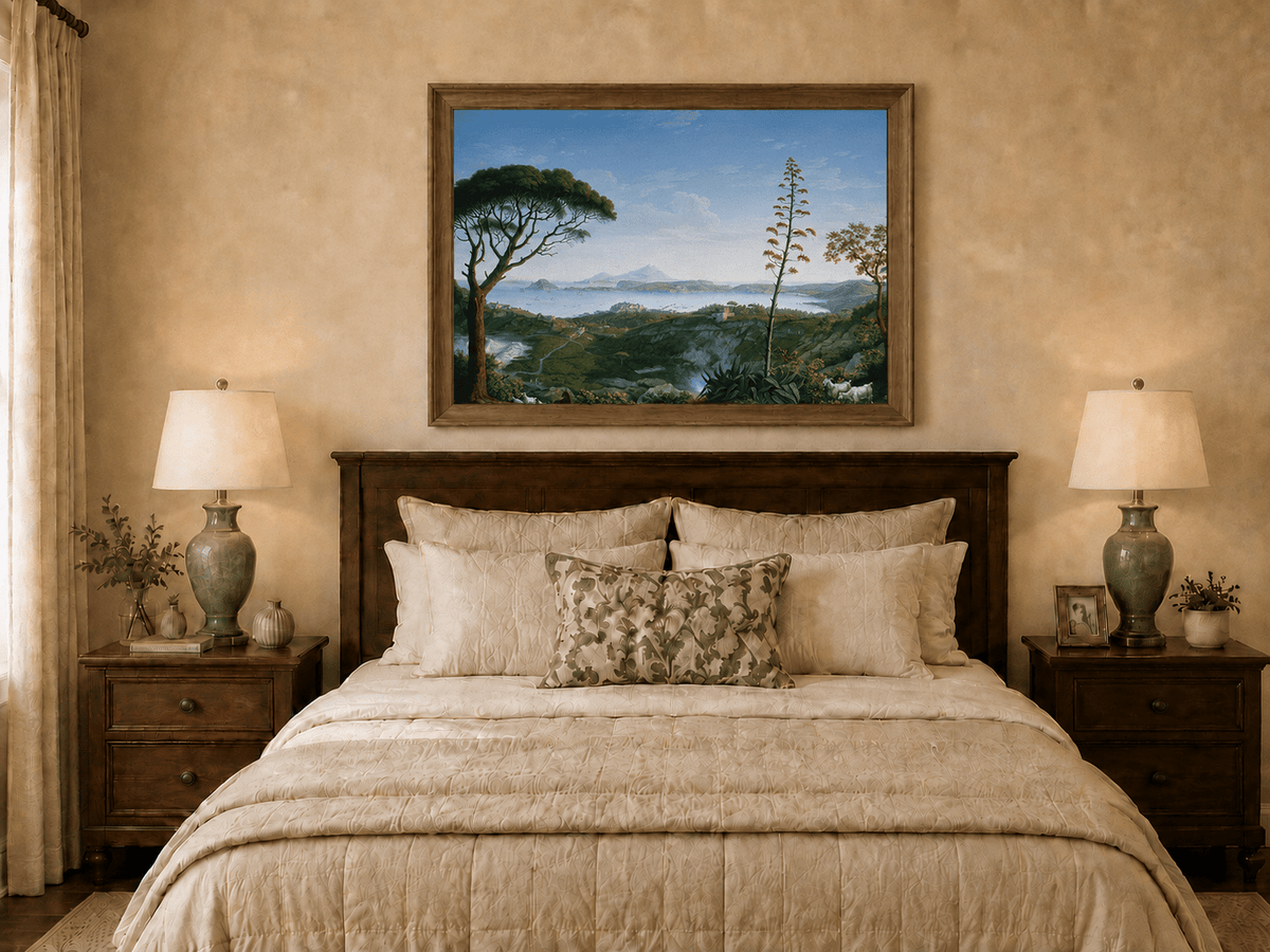 Landscape Oil Painting - Coastal Bay, Distant Volcano, Goats