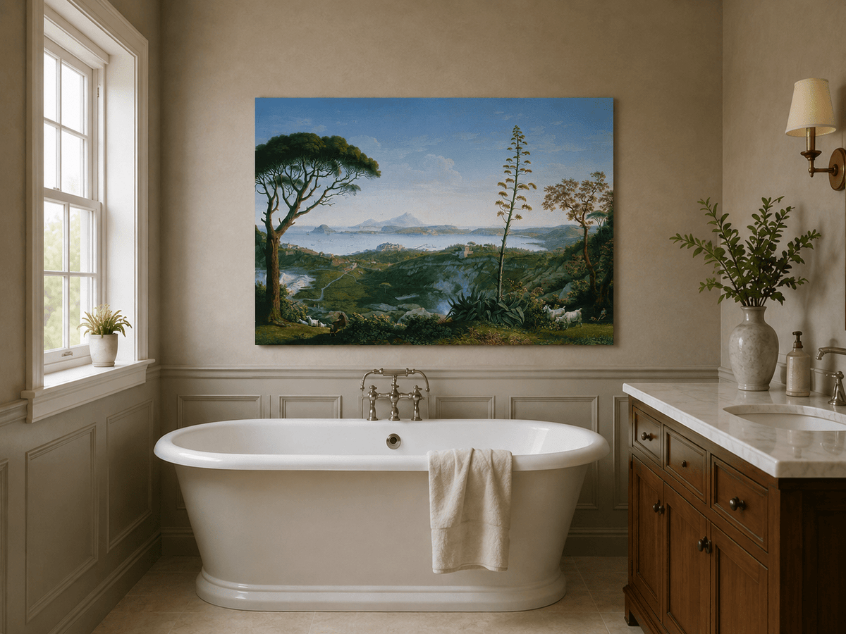 Landscape Oil Painting - Coastal Bay, Distant Volcano, Goats