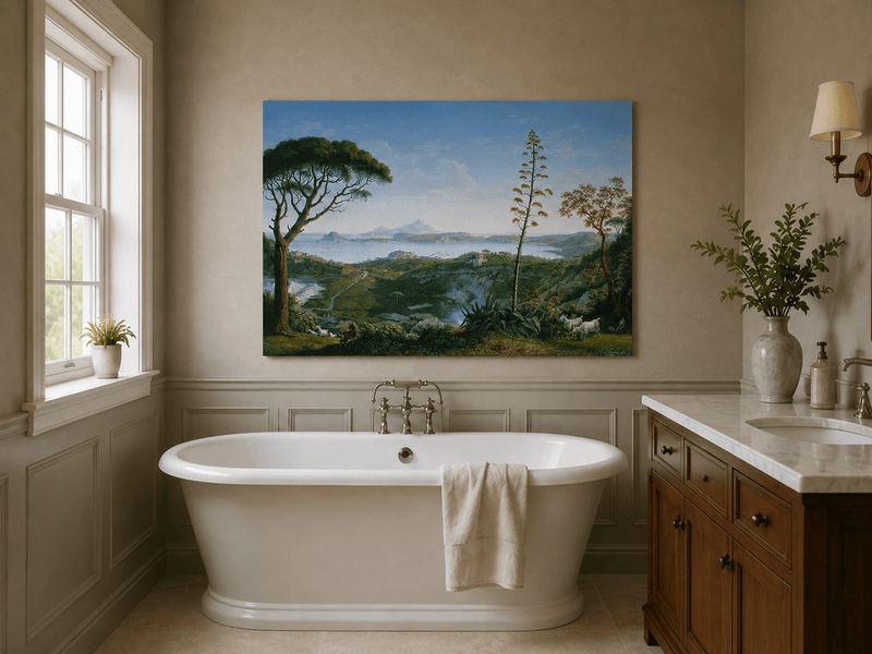 Landscape Oil Painting - Coastal Bay, Distant Volcano, Goats