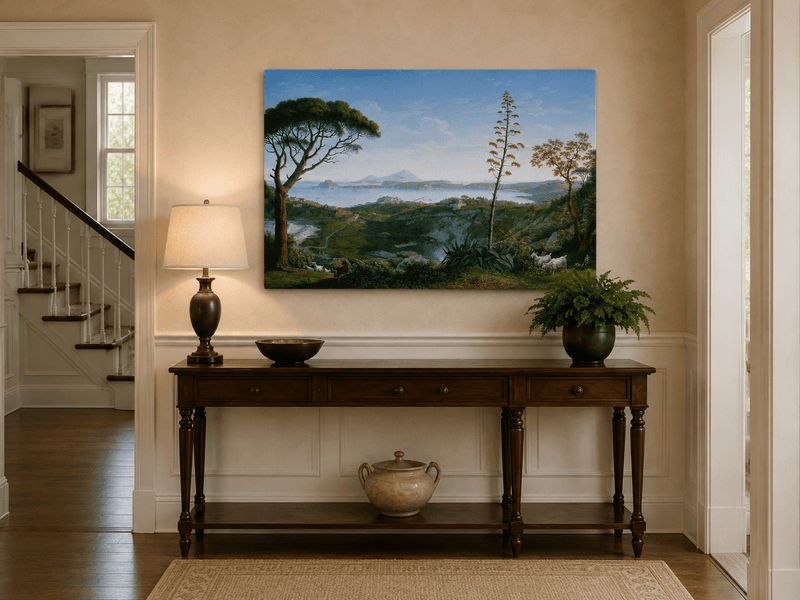 Landscape Oil Painting - Coastal Bay, Distant Volcano, Goats