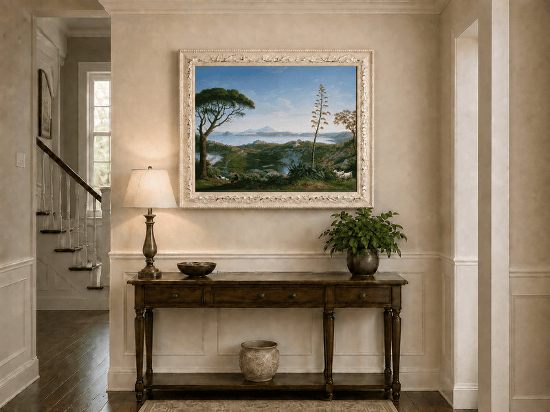 Landscape Oil Painting - Coastal Bay, Distant Volcano, Goats