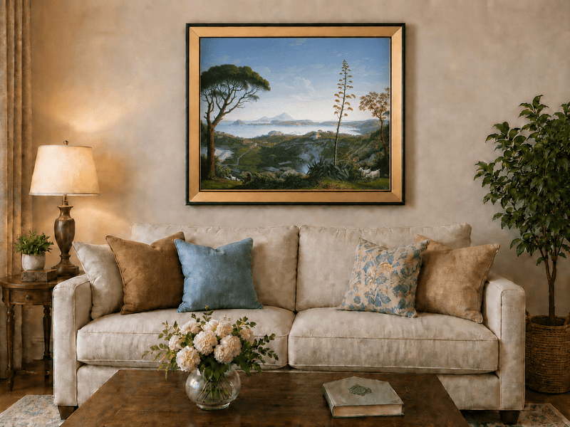Landscape Oil Painting - Coastal Bay, Distant Volcano, Goats