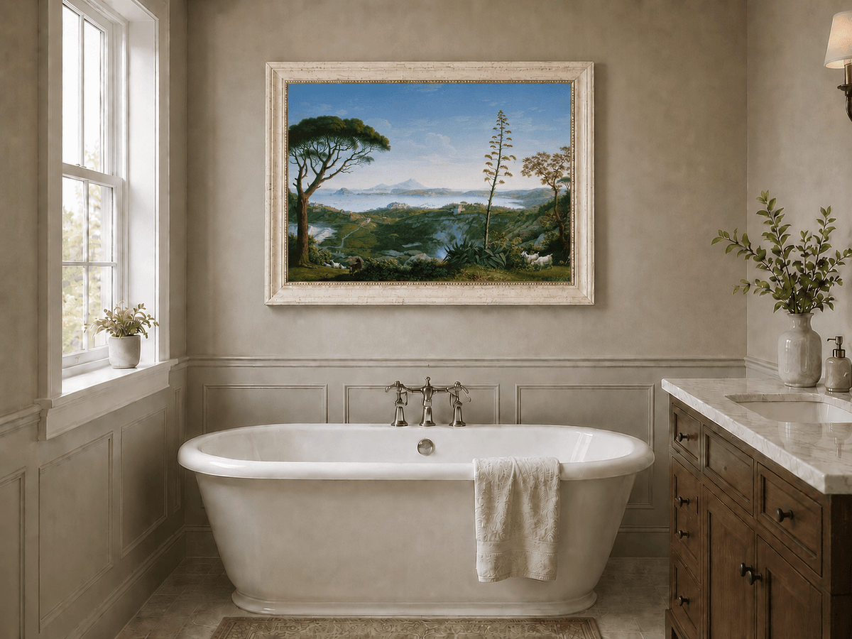 Landscape Oil Painting - Coastal Bay, Distant Volcano, Goats