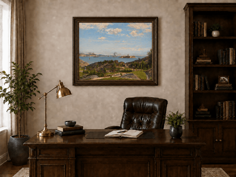 Landscape Oil Painting - Coastal Bay, Ships, Island