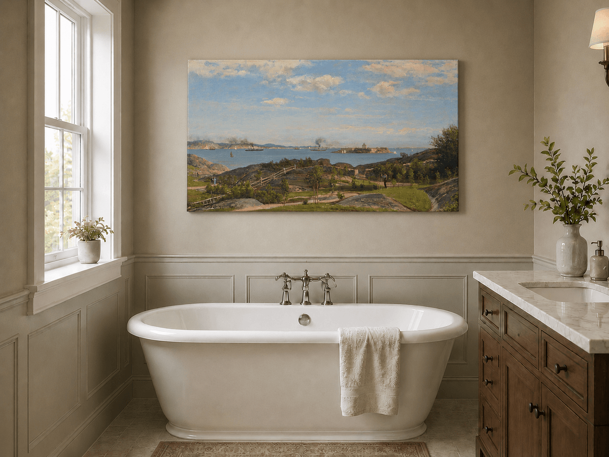 Landscape Oil Painting - Coastal Bay, Ships, Island